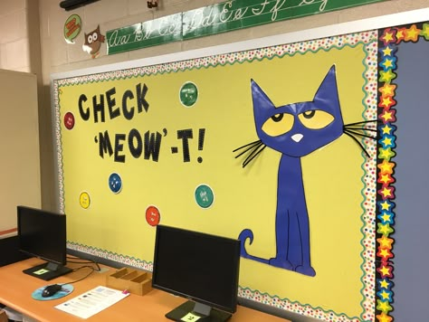 Pete The Cat Classroom Theme Decor, Pete The Cat Decorations, Pete The Cat Bulletin Board Ideas, Cat Bulletin Board Ideas, Cat Theme Room, Cat Classroom Decor, Pete The Cat Bulletin Board, Pete The Cat Classroom Theme, Cat Bulletin Board