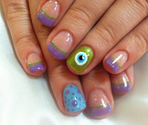 Monsters Inc! Monster Inc Nails, Disney Inspired Nails, Mickey Nails, Hard Nails, Nails Cute, Beauty Nails Design, Nail Art Disney, Nail Pictures, Inspired Nails