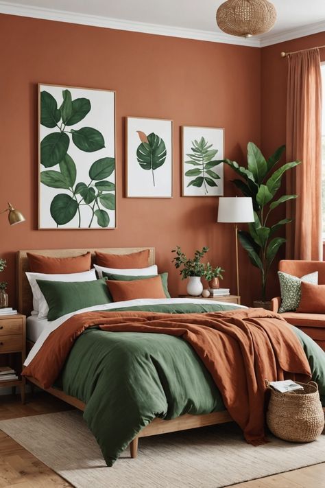 Best Color For Bedroom Walls Colour Boho, Terracotta And Green Aesthetic, Cream Green Orange Bedroom, Green House Decor Interiors, Orange And Green Home Decor, Terracotta Walls Bedroom, Green And Copper Bedroom, Burnt Orange And Sage Green Bedroom, Orange Accent Bedroom