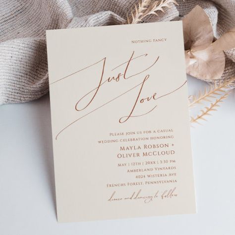 Whimsical Desert Beige Just Love Wedding Invitation #zazzle #weddinginvitations #birthdayinvitations #babyshowerinvitations #zazzleinvitations #monogram #businesscards #graduation #homedecor Earthy Elopement, Casual Backyard Wedding, Nothing Fancy Just Love, Earth Tone Wedding, Boho Wedding Invitation Template, Popular Wedding Invitations, Retro Wedding Invitations, Elopement Reception, Rustic Minimalist