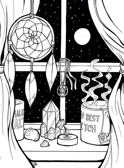 Inktober day 4 - "A Witch's Window Shelf." Witches Shelf Drawing, Witchy Room Drawing, Witch Shelf Drawing, Window Illustration, Witchy Room, Window Drawing, Witch Room, Witch Coloring Pages, Line Work Tattoo