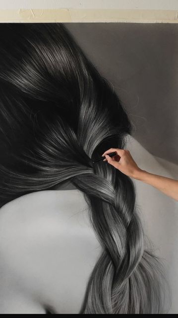 Silvie Mahdal on Instagram: "The largest drawing of hair I’ve ever done, ‘Vulnerable’ self-portrait charcoal on paper . song: A Gentle Sunlight by James Quinn" Hair Charcoal Drawing, Charcoal Hair Drawing, Silvie Mahdal Art, Middle Aged Woman Art, Pencil Hair Drawing, Drawing Of Hair, Drawing Braids, Realistic Hair Drawing, Portrait Charcoal