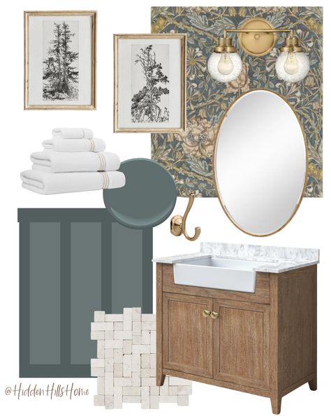 Green Wallpaper Bathroom Powder Rooms, Bathroom With Gold Finishes, Green Powder Bathroom Ideas, Half Bathroom Ideas Gold Accents, Bathroom With Colored Walls, Fun Powder Bathroom Ideas, Powder Room Ideas Classic, Half Bath Half Wallpaper, Guest Bathroom Gold Accents