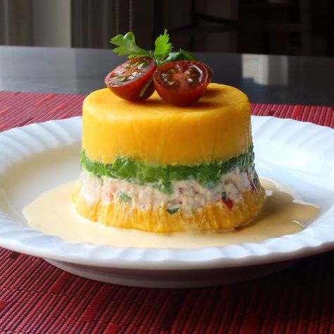 Peruvian Potato-Chicken Salad (Causa Rellena) Recipe Potato Chicken Salad, Peruvian Potatoes, Peruvian Chicken, Fresno Chili, Potato Chicken, Food Wishes, Diced Carrots, Cold Salad, Peruvian Recipes