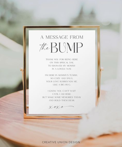 5x7 and 8x10 Printable A Message From The Bump Sign *PLEASE NOTE: The files are non-editable Planning a baby shower becomes a breeze with our easy-to-use instant download, printable items! Imagine modern whimsical fonts that tone for your special day. With just a few clicks, you can instantly access these designs, making it simple to create beautiful items for your baby shower. The best part? You'll have a cohesive and stylish aesthetic for your event without the stress, giving you more time to Minimalist Baby Shower Decor, Baby Shower Sign In Ideas, Message From The Bump, Baby Shower Minimalist, Baby Shower Notes, Shower Minimalist, Baby Shower Details, Whimsical Fonts, Planning A Baby Shower