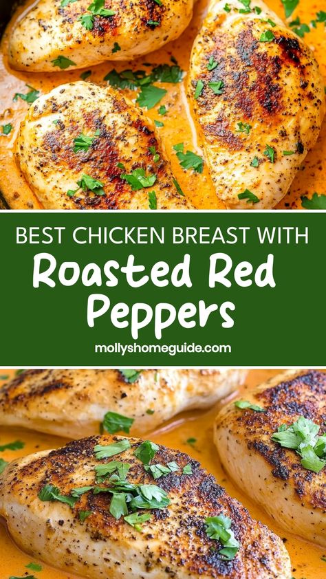 Indulge in the irresistible flavors of juicy chicken breast paired with savory roasted red peppers. Elevate your dinner game with this delicious and easy-to-make dish that is perfect for any night of the week. The combination of tender chicken and sweet, smoky peppers creates a mouthwatering experience that will delight your taste buds. Whether you're cooking for yourself or hosting a special gathering, this recipe is sure to impress even the pickiest eaters. Try it out today and savor every bit Red Pepper Chicken Recipes, Roast Chicken Breast Recipes, Roasted Chicken Breast Recipes, Roasted Chicken Breasts, Red Pepper Chicken, Best Chicken Breast, Creamy Chicken Dish, Juicy Chicken Breast, Recipes With Chicken And Peppers