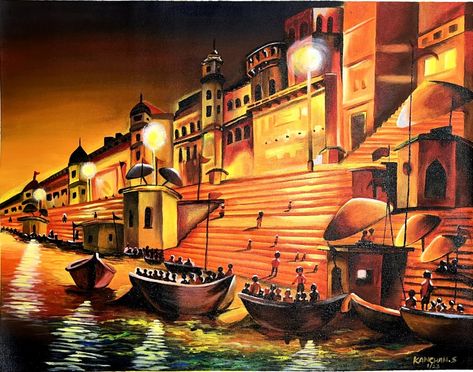 Banaras Painting Canvases, Banaras Drawings, Banaras Ghat Painting, Banaras Painting, Banaras Ghat, Based Drawing, Dev Diwali, Canvas Art Painting Acrylic, India Poster