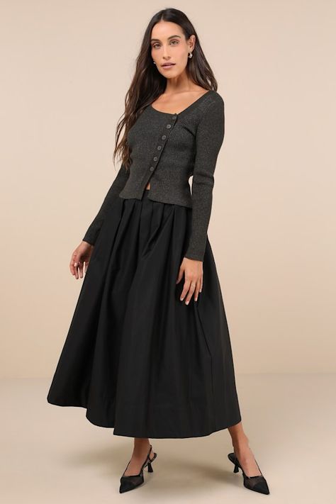 Katarina Black Pleated Cotton Midi Skirt Black Midi Skirt Outfit Work, Modest Goth, Black Pleated Midi Skirt, Midi Skirts Style, Black A Line Skirt, Ballerina Skirt, Simple Skirt, Church Outfit, Midi Skirt Outfit