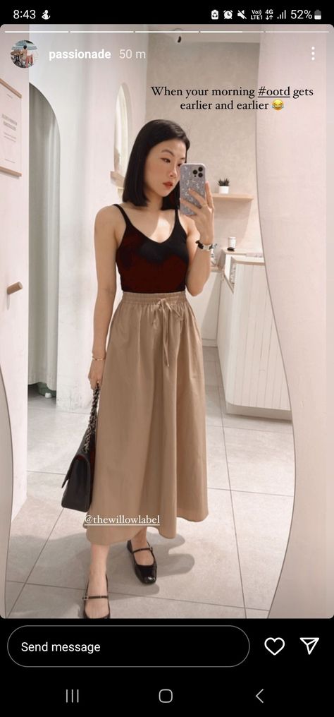 Black camisole/ tank top, beige midi/maxi skirt, black Mary Jane flats and black bag Maxi Skirt And Mary Janes, Girl Aesthetics, Casual Day Outfits, Black Camisole, Mary Jane Flats, Tank Top Camisole, Black Bag, Outfit Idea, Skirt Black