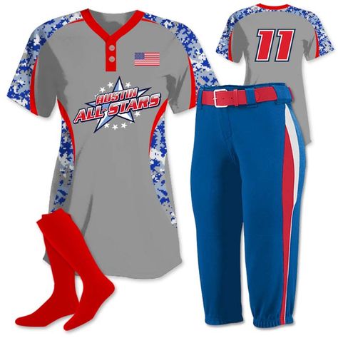 Custom Fastpitch Softball Jersey Design Perfect for All Star Season or Patriotic Tourneys! | Only at TSP Softball Uniforms Ideas, Fastpitch Softball Uniforms, Uniforms Ideas, Softball Uniforms, Softball Outfits, Softball Jerseys, Custom Uniform, Fastpitch Softball, Team A