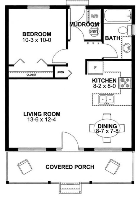 Tiny Home Bathroom With Laundry, Granny Pad, Small Houseplans, Cottage Vacation, Cabin Floor, Apartment Floor Plan, Cottage Style House Plans, A Small House, Cabin Floor Plans