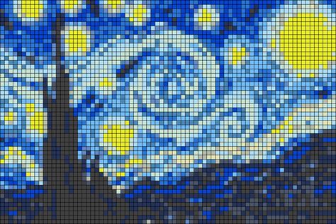 Starry Night Crochet Tapestry, Starry Night Grid Pattern, Pixel Starry Night, Starry Night Pixel Art Grid, Pixel Art Of Famous Paintings, Minecraft Pixel Art Painting, Starry Night Alpha Pattern, Starry Night Crochet Pattern, Van Gogh Pixel Art