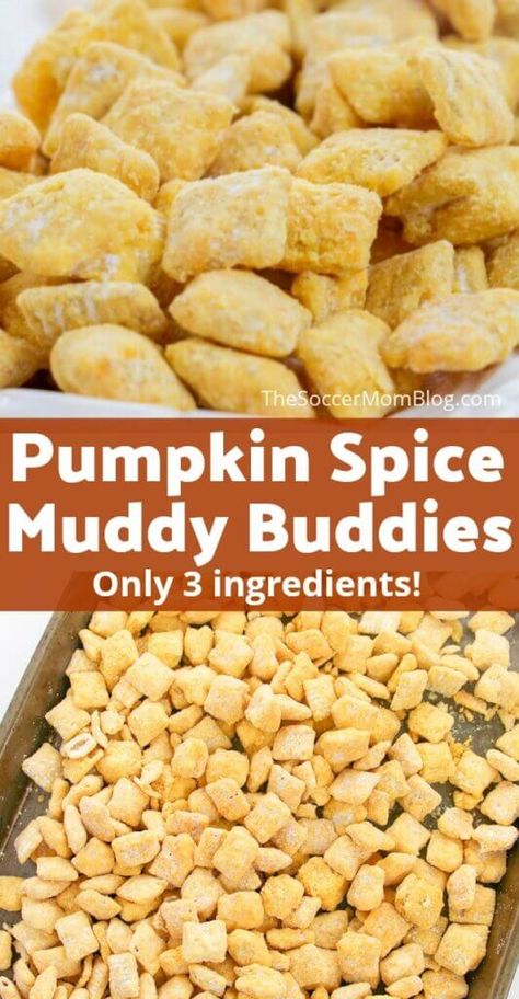 Crispy, crunchy pumpkin pie spice muddy buddies are the perfect fall party treat or lunchbox snack! Easy to make with only 3 simple ingredients! Pumpkin Pie Muddy Buddies, Pumpkin Pie Puppy Chow, Pumpkin Spice Puppy Chow Recipes, No Bake Pumpkin Snacks, Pumpkin Spice Puppy Chow, Pumpkin Chex Mix Recipes, Pistachio Puppy Chow Chex Mix Recipe, Thanksgiving Puppy Chow, No Bake Fall Treats