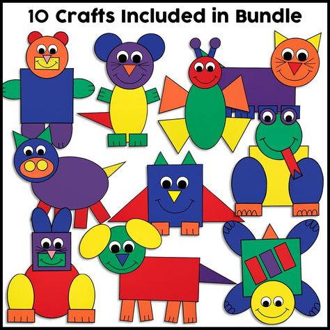 If you are looking for a fun way to teach your students about shapes and colors, this Shape Animal Crafts Bundle is it! Students will cut and paste together the Animal Shapes Craft, Shape Animal Craft, Spring Crafts For Kindergarten, 2d Shapes Kindergarten, Art With Shapes, Drawings Ideas For Kids, Shape Animals, Lois Ehlert, Shapes Activity