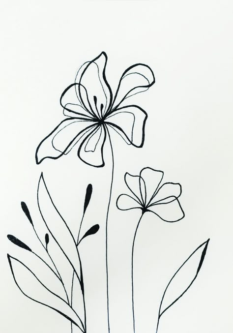 Funky Flowers Drawing, Boho Flower Drawing, Flower Line Drawing Simple, Minimal Flower Drawing, Line Work Flowers, Line Drawing Ideas, Floral Sketches, Botanical Sketches, Flower Line Drawing