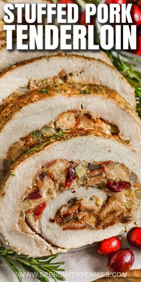 Cook this stuffed pork loin for the holidays or a Sunday dinner with the family! A stuffing mixture of cranberry, bacon, onion, and cubed bread is wrapped in a boneless pork loin then baked until perfectly tender & juicy. Chop some spinach, apple, and sausage to make new flavors! Stuffed pork loin is such an elegant entrèe and will have dinner guests coming back for seconds! #spendwithpennies #stuffedporkloin #porkloin #recipe #roastporkloin Apple Stuffing Pork Tenderloin, Pork Loin With Stuffing Recipes, Apple Bacon Stuffed Pork Loin, Pork Loin Thanksgiving, Pork Loin With Cranberries, Cranberry Apple Stuffed Pork Loin, Crockpot Stuffed Pork Loin, Pork Loin Christmas Dinner, Grilled Stuffed Pork Loin