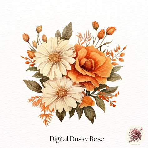 Autumn Bouquet Clipart, Fall Arrangement, Watercolor Flowers, Orange Sunflowers, Wild Flowers, Leaves https://digitalduskyrose.etsy.com/listing/1720753680 🍁🌻 Featuring beautiful watercolor flowers, including orange sunflowers and wildflowers, these fall arrangements capture the essence of the season. Perfect for adding a touch of autumn magic to your designs, each 5x5 inch clipart at 300 dpi brings vibrant fall leaves and stunning floral arrangements to life. Ideal for wedding invitations, ... Fall Flowers Watercolor Paintings, Watercolor Fall Flowers, Fall Flower Drawings, Watercolor Orange Flowers, Sunflowers And Wildflowers, Autumnal Flowers, Bouquet Clipart, Autumn Bouquet, Orange Sunflowers