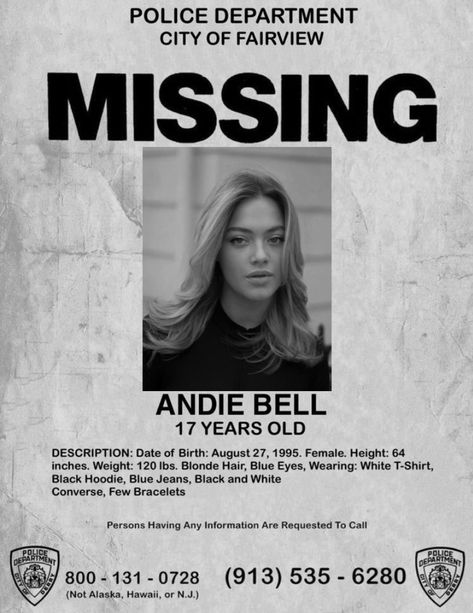 india lillie davies / andie bell agggtm Andie Bell Missing Poster, Agggtm Andie Bell, India Lillie Davies, Jason Bell Agggtm, Andie Bell Aesthetic, Agggtm Poster, Thriller Aesthetic, Andie Bell, Agggtm Aesthetic