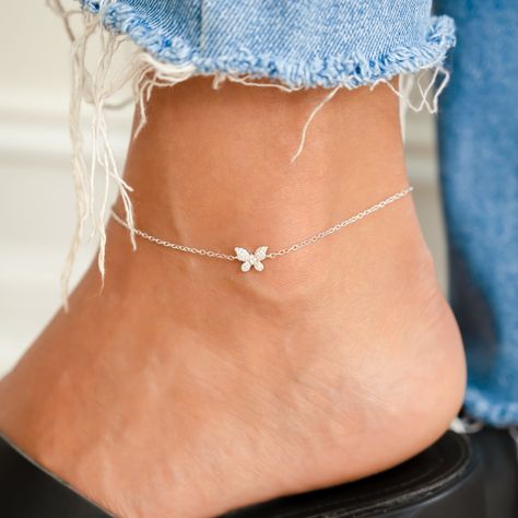 Beautiful and delicate butterfly charm anklet is great for stacking, beach days, and just to elevate your look! The pavé anklet was made with an attention to detail, super high quality and meant to last! MATCHING NECKLACE! Made of 925 Sterling Silver THICK plating of 14k Gold or Rhodium - for a piece that will last you years to come! 9.5" + .5" Extension Chain Nickel-free & Hypoallergenic Able to be worn to the beach & pool! Lobster clasp closure 8mm Charm Highest grade cubic zirconia for an aut Anklets Aesthetic, Aesthetic Anklets, Anklets Silver, Ankle Accessories, Ankle Bracelets Gold, Silver Chain Anklet, Silver Anklets Designs, Anklets Indian, Butterfly Anklet