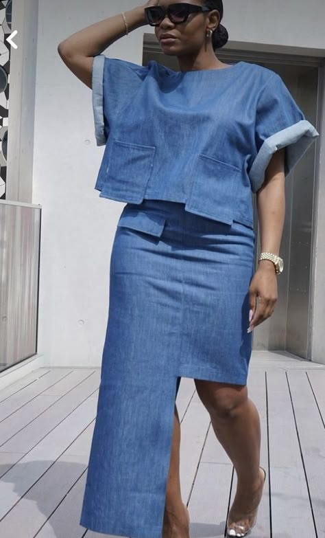 Chic Jean Outfits, Denim Diy Clothes, Skirt Crop Top, Denim Set, Boxy Crop Top, 2piece Outfits, Chic Dress Classy, Mode Kimono, Denim Inspiration