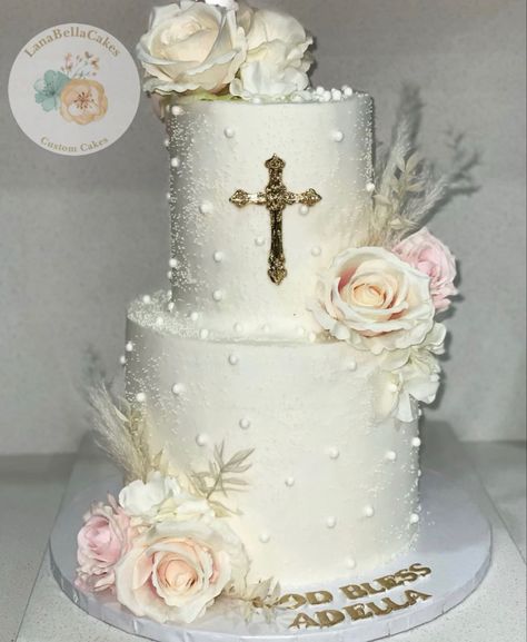 #cake #baptism #2tier Baptism Cake Girl 2 Tier, Girls Baptism Cake, Christian Desserts, Cake Baptism, Christian Cakes, Christening Cake Girls, Baptism Cake Girl, Comunion Cake