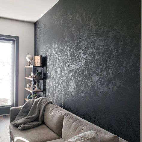 Venetian plaster in the color tricorn black! Check out @finishesbymorgan on Instagram or Facebook for more fun projects! Black Textured Accent Wall Bedroom, Venitian Walls Living Room, Black Plaster Walls, Textured Black Wall, Black Limewash, Grey Venetian Plaster, Plaster Accent Wall, Black Venetian Plaster, Black Accent Wall Living Room