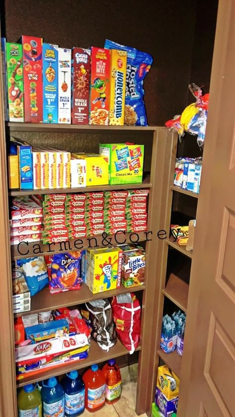 Snack Closet Ideas, Pantry Full Of Snacks, American Snacks Aesthetic, Snack Area In Bedroom, Snack Stash In Bedroom, Snack Closet, Stock Pile Organization, Snack Pantry, Snacks Pantry