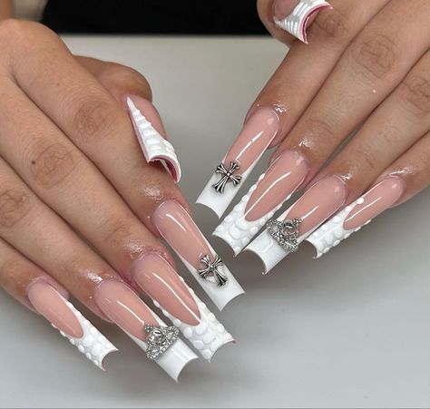 White Nail Designs Square Long, Croc Nails With Charms, White Long French Tip Nails With Design, White French Tip With Charms, French Tip Cross Nails, Crocodile Print French Tip Nails, Nail Inspo Croc Print, White Croc Print Acrylic Nails, Tapered Square Nails With Charms