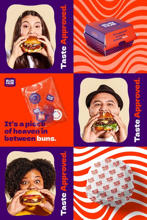 BunHub Burger – Packaging Of The World Burger Branding Design, Colorful Burger, Burger Branding, Burger Packaging, Social Media Advertising Design, Food Branding, Food Logo Design, Smash Burger, Food Graphic Design