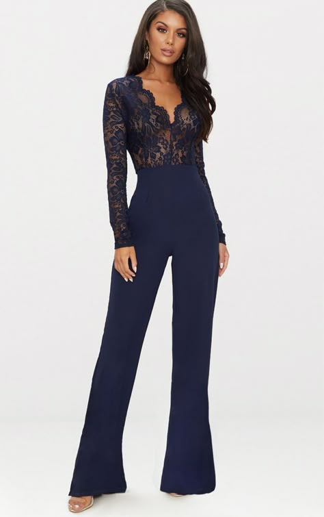 Navy Lace Long Sleeve Plunge Jumpsuit Prom Jumpsuit Classy, Prom Jumpsuit, Classy Jumpsuit, Jumpsuit Elegant, Lace Jumpsuit, Outfit Chic, Jumpsuit Outfit, Navy Lace, Lace Long Sleeve