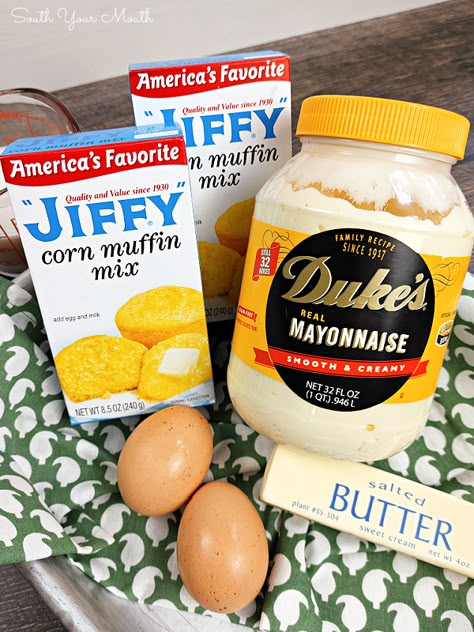 Better Than Homemade Cornbread - A Jiffy Hack with Duke's Mayo! Jiffy Corn Muffin Mix and mayonnaise come together to make this quick and easy cornbread recipe that’s so super moist on the inside and crispy and golden on the outside! Jiffy Cornbread Hoecakes, Dukes Cornbread, Dukes Mayo Cornbread, Doctored Up Jiffy Cornbread Muffins, Jiffy Cornbread With Mayonnaise, What To Do With Jiffy Cornbread, Best Box Cornbread Recipe, Super Moist Jiffy Cornbread Recipe, Jeff Cornbread