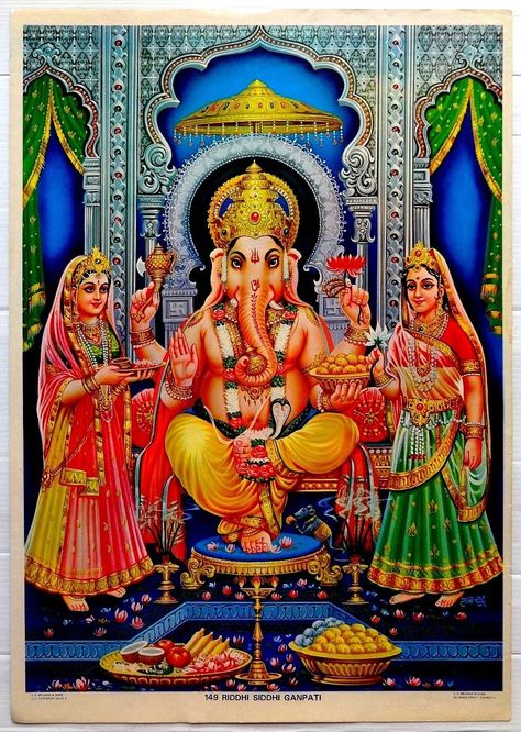 India RIDDHI SIDDHI GANPATI 13.5” x 19.5” vintage Hindu card Poster c.1960s picclick.com Riddhi Siddhi, Ganesh Ji Images, Ganesh Lord, Ganesh Wallpaper, Lakshmi Images, Shri Ganesh, Lord Shiva Family, Lord Ganesha Paintings, Ganesh Images