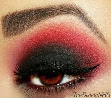 Black and Red eyeshadow Red And Black Eye Makeup, Ladybug Makeup, Burlesque Hair, Black And Red Makeup, Catrina Makeup, Berry Makeup, Red Eyeshadow Look, Maquillage Halloween Simple, Competition Makeup