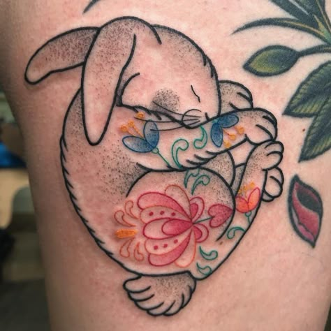 tattoodo | Bunny tattoo by Valeria Marinaci #ValeriaMarinaci #bunnytattoo #color #linework #illustrative #folktraditional #flowers #floral #bunny #rabbit #nature #animal #easter | Tattoodo Bjd Tattoo, Hase Tattoos, Cute Animal Tattoos, Bunny Tattoo, Rabbit Tattoo, Bunny Tattoos, Explore Tattoo, Muster Tattoos, Rabbit Tattoos