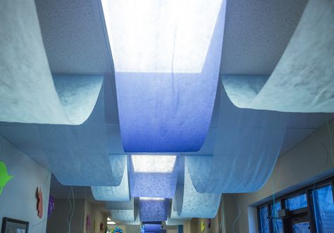 Decorate ceilings with varieties of blue gossamer at Ocean Commotion VBS! #vbs2016 Deep Sea Discovery Vbs, Hallway Transformation, Surf Shack Vbs, Ocean Commotion Vbs, Submerged Vbs, Ocean Vbs, Ocean Commotion, Under The Sea Decorations, Underwater Theme