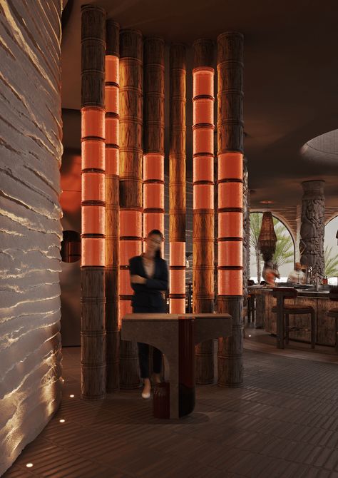 Asian Fusion Restaurant, Restaurant Entrance, Japanese Bar, Modern Restaurant Design, Fusion Restaurant, Column Design, Asian Restaurants, Asian Fusion, Reception Design