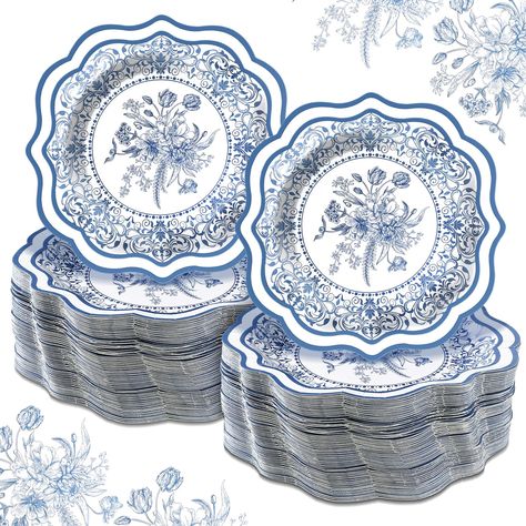 PRICES MAY VARY. Add Elegance with Each Serving: enjoy the elegance of our chinoiserie paper plates; The package includes 100 pieces of these exquisite plates, allowing you to cater to everyone's needs at large events or parties; Set the table in style and let your guests be impressed by the grace and charm of these delightful plates Charming Chinoiserie Designs: our blue and white floral paper plates feature an enchanting charm with their blue and white colors, with the elegant, classic chinois Blue And White Tablescapes, Disposable Wedding Plates, Scalloped Plates, Floral Paper Plates, Large Events, Salad Appetizer, Elegant Plates, Chinoiserie Design, Blue Bridal Shower