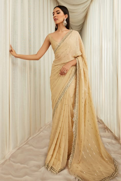 Sawan Gandhi, Cocktail Sarees, Beige Mirror, Embellished Saree, Mukaish Work, Scalloped Border, Simple Sarees, Saree Designs Party Wear, Indian Dresses Traditional