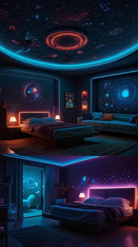 Live like an astronaut in this space-themed bedroom, complete with a glowing starry ceiling, spaceship control panel walls, and a hovering UFO-inspired bed. A must-have for sci-fi lovers! 🚀💫 #SciFiBedroom #SpaceVibes #FuturisticHome Spaceship Control Panel, Starry Ceiling, Panel Walls, Themed Bedroom, Control Panel, Spaceship, Floating, Sci Fi, Ceiling