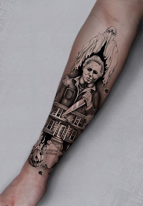 Michael Myers House Tattoo, Michael Myers Pumpkin Tattoo, Michael Myers Tattoo Design, Scary Tattoo Ideas, Michael Myers Tattoo, Horror Sleeve, Myers Tattoo, Halloween Tattoo Ideas, Halloween Tattoos Sleeve