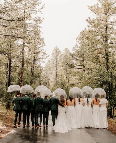 Rainy Wedding Inspiration, Outdoor Wedding Ceremony Rain, Raining Wedding Ceremony, Rain Wedding Day Photos, Clear Umbrellas For Wedding, Wedding Pictures With Umbrellas, Rainy Day Wedding Ideas, Umbrella At Wedding, Clear Umbrella Wedding Pictures