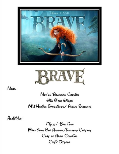 Menu and activities for a "Brave" Family Movie Night! Brave Themed Dinner, Brave Dinner And A Movie, Movie And Dinner Ideas, Brave Movie Night, Disney Themed Dinner, Disney Dinner And Movie Night, Disney Movie Night Ideas, Disney Dinner And A Movie, Movie Themed Dinner