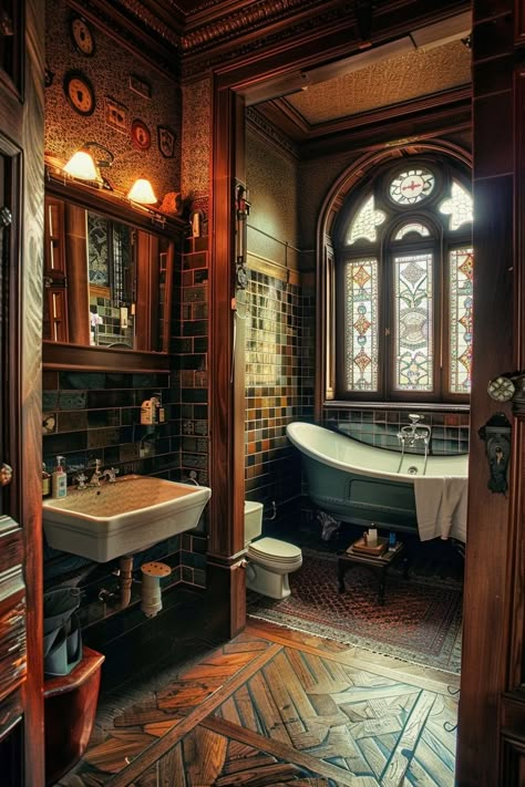 15 Victorian Bathroom Interior Designs You Will Love! - My Decor Inspo Historical Victorian Homes, Victorian Era Homes Interiors, Victorian Manor Interior, 1800s Bathroom, Victorian Homes Interior Bathroom, Small Victorian Homes Interior, Victorian Homes Aesthetic, Victorian Bathroom Vintage, Small Victorian Bathroom