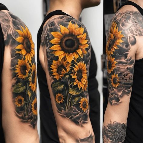 Mens Sunflower Tattoo For Men, Sunflower Shoulder Tattoos For Women, Sunflower Tattoo Men, Flower Tattoos Men, Patrick Tattoo, Lilly Flower Tattoo, Sunflowers Tattoo, Sunflower Tattoo Meaning, Arm Tattoos For Guys Forearm