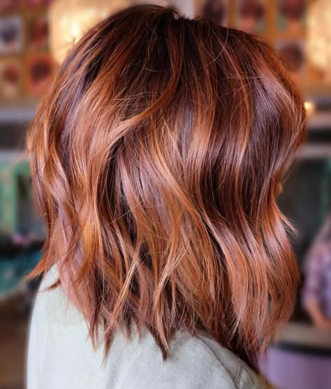 Burgundy And Copper Balayage Lob Auburn Long Bob Hairstyles, 2022 Fall Hair Trends For Women Over 50, Auburn Hair Color For Short Hair, Long Bob Copper Balayage, Best Hair Color For Bright Spring, Long Bob Auburn Hair, Cute Short Haircuts For Women Shoulder Length, Auburn Long Bob, Cowboy Copper Bob Hair