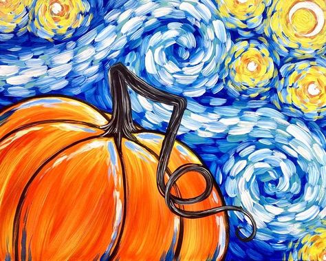 Pumpkin Art On Canvas, Starry Night Pumpkin Painting, Canvas Pumpkin Painting, Fall Drawing Ideas Autumn, Thanksgiving Painting Ideas, Starry Night Pumpkin, Pumpkin Painting Ideas Canvases, Fall Paintings On Canvas Easy, Halloween Art Projects