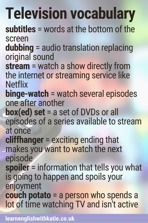 Television vocabulary. Subtitles, dibbing, stram, binge-watch, box set, cliffhanger, spoiler, couch potato News Vocabulary, Useful Vocabulary, Oxford English, Vocabulary Lessons, British English, Improve Your English, Grammar Lessons, English Tips, Words Matter