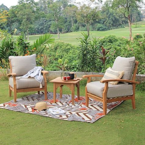 Birch Lane™ Heritage Summerton Teak Patio Chair with Cushions & Reviews | Wayfair Small Patio Spaces, Teak Wood Side Table, Outdoor End Tables, Natural Teak Wood, Patio Style, Patio Lounge Chairs, Patio Lounge, Beige Cushions, Outdoor Side Table