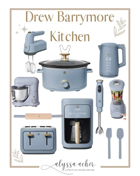 Blue retro pastel kitchen appliances from drew barrymore beautiful kitchen collection Light Blue Kitchen Appliances, Korean Kitchen Appliances, Pretty Kitchen Appliances, Drew Berry More Kitchen Appliances, Blue Appliances Kitchen, Beautiful Kitchen Appliances, Colored Kitchen Appliances, Drew Barrymore Kitchen Line, Matching Kitchen Appliances