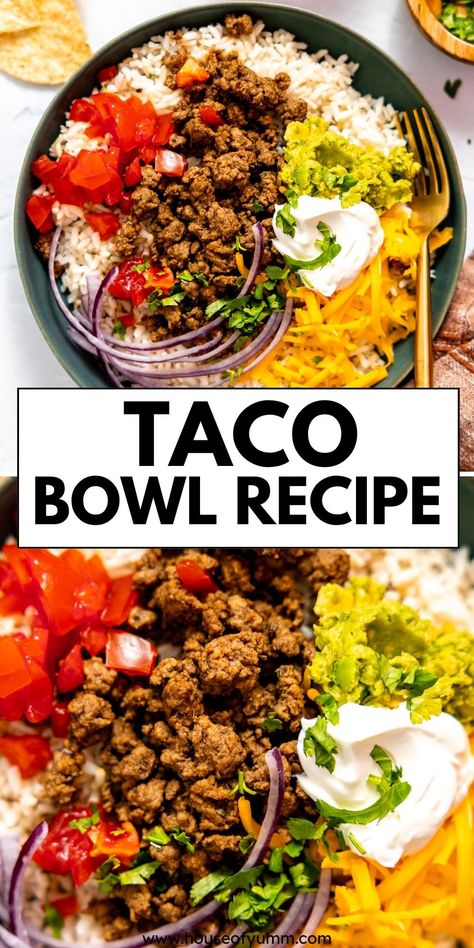 This Taco Bowl recipe is a fun twist on a traditional taco. Ground beef taco meat layered on cilantro lime rice and all your favorite taco toppings. This easy and delicious meal will become a new family favorite. Taco And Rice Bowl, Tacos In A Bowl, Tex Mex Bowls, Taco Bowl With Rice, Taco Variations Ground Beef, Loaded Taco Bowl, Healthy Ground Beef Taco Bowls, Easy Taco Bowl Recipe, Taco Bowl Recipe Beef